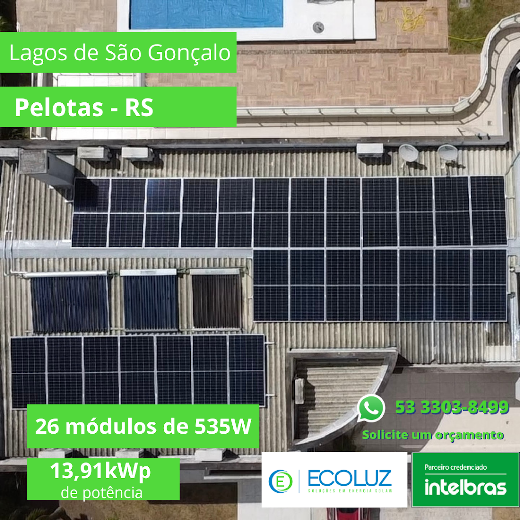 Usina solar de 13,91 kWp com 26 módulos em Lagos de São Gonçalo, Pelotas - RS