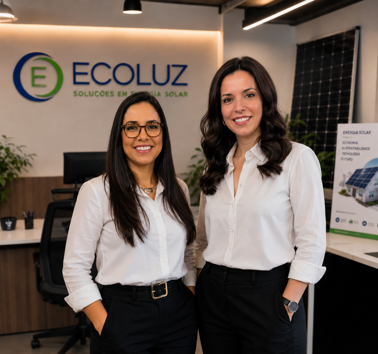 As duas irmãs fundadoras da Ecoluz em ambiente corporativo