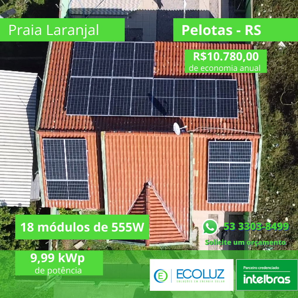 Sistema de 9,99 kWp com 18 módulos de 555W na Praia do Laranjal, Pelotas - RS