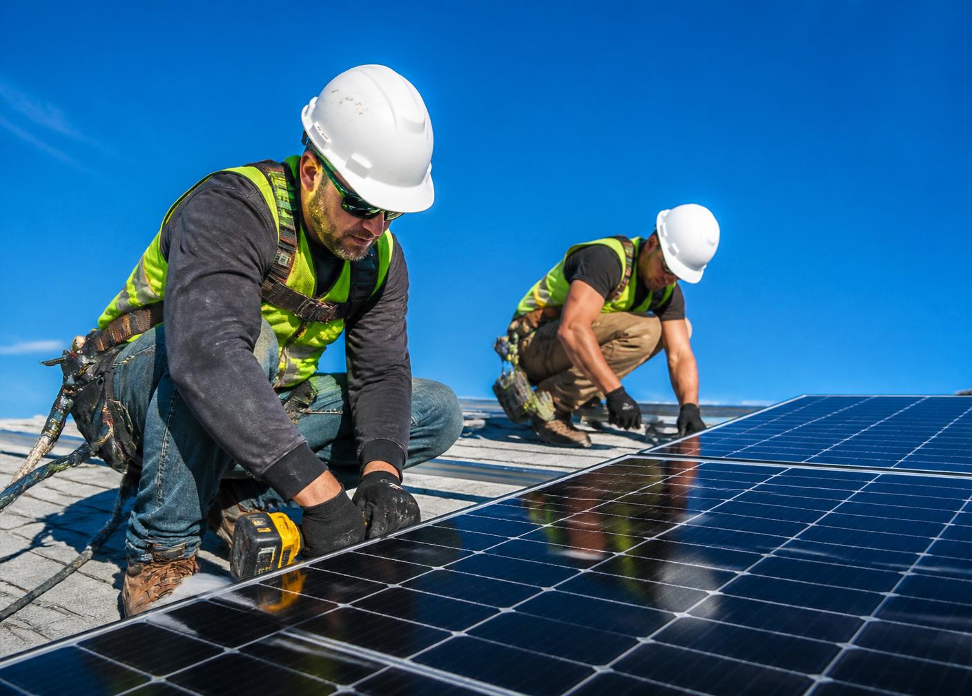 Equipe técnica instalando painéis solares profissionalmente
